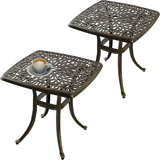 Outdoor 21" Cast Aluminum Square Side Table Set of 2 End Table for Patio, Backyard, Pool, Indoor Companion, Easy Maintenance and Weather Resistant, Bronze (Bronze)