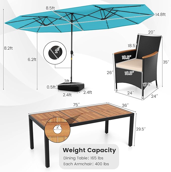 Tangkula 11 Pieces Patio Dining Set with Double-Sided Led Patio Umbrella (Base Included), with 8 Stackable Chairs, Acacia Wood Dining Table and Large Umbrella with Solar Lights (Turquoise + Off White)