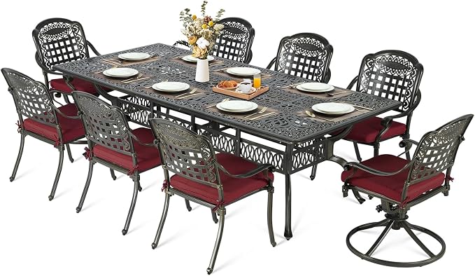 MEETWARM 9-Piece Outdoor Patio Dining Set for 8, All Weather Cast Aluminum Patio Funiture Table and Chairs Set- 94.5” Rectangular Table and 2 Swivel Rocker Chairs, 6 Stationary for Garden, Chili Red