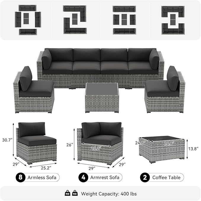 LazySunsets 14-Piece Patio Furniture Set, Wicker Rattan Outdoor Furniture with Thick Cushions, Patio Conversation Sets with Coffee Table, Outdoor Sectional Couch Sofa with Waterproof Cover, Black