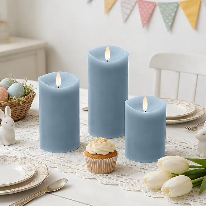 Blue Flameless Candles with Remote and Timer, Real Wax Made LED Pillar Candles Battery Operated with 3D Flickering Flame Melted Edge, 3" x 4",5",6", Set of 3 (Pastel Blue)