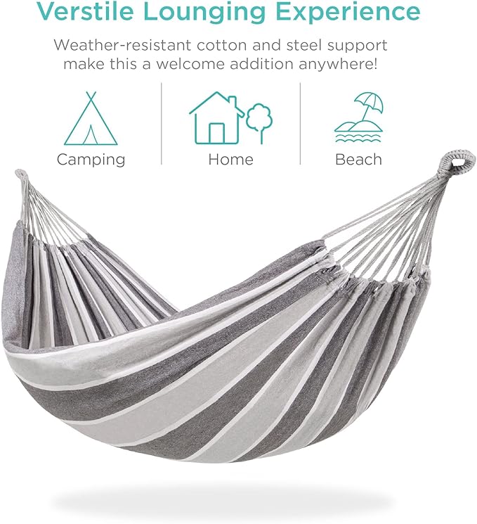 2-Person Cotton Double Hammock Bed with Portable Carrying Bag, Lightweight Hammocks for Backpacking, Travel, Beach, Backyard, Patio, Hiking (Steel)