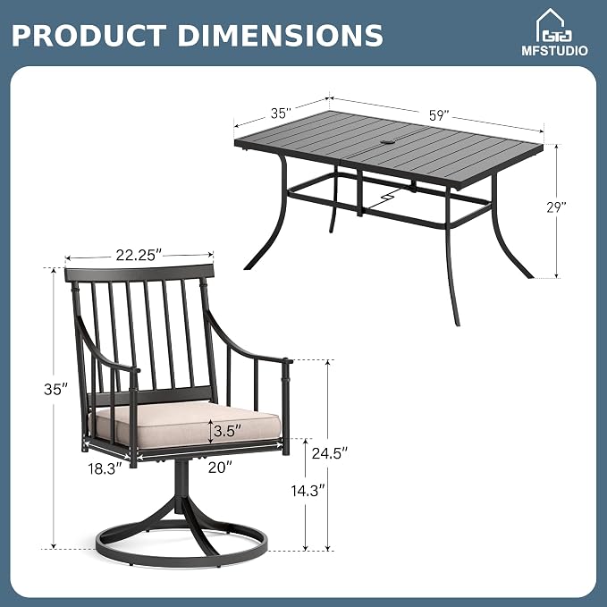 MFSTUDIO 7-Piece Patio Dining Set, Swivel Metal Chairs, Umbrella Hole | 59" Rectangular Metal Table, Black, Removable Cushions