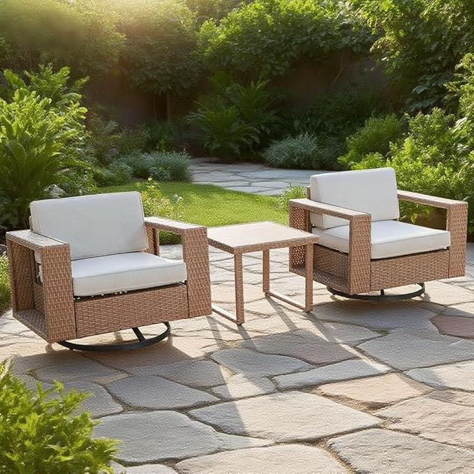 3-Piece Outdoor Patio Rocker Chair Sofa Set, PE Rattan Weaving Sofa with Thick Cushions, Coffee Table with Steel Frame and Wooden Board, Outdoor Conversation Set Brown/Light Gray Linen