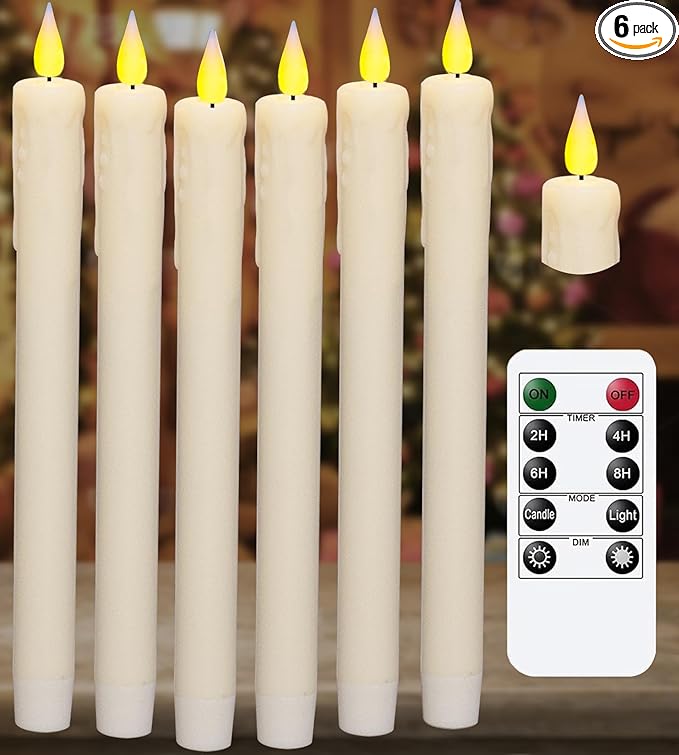 KSWING Upgraded Real Wax LED Flameless Taper Candles with Remote, 6 PCS White Dripping Candlesticks Battery Operated 3D Flickering - 9.6" Long Realistic Fake Candle Sticks for Home/Wedding/Xmas Decor
