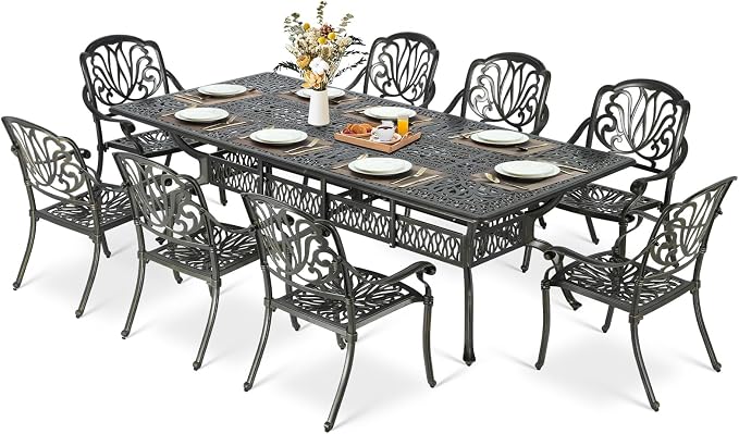 MEETWARM 9-Piece Outdoor Patio Dining Set for 8, All Weather Cast Aluminum Patio Funiture Set- 94.5” Rectangular Table with 2" Umbrella Hole and 8 Chairs, Patio Table and Chairs Set, Dark Bronze