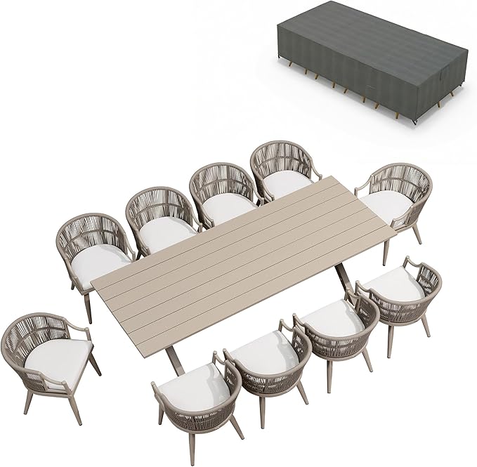 PURPLE LEAF Outdoor Dining Set for 10 with Waterproof Furniture Cover All Weather Patio Dining Set with Rectangular Aluminum Table and Wicker Dining Chairs for Garden Deck Backyard Kitchen, Champagne