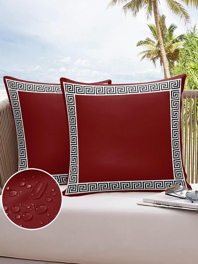 Prime Leader Outdoor Waterproof Pillow Covers Set of 2, Chinese Style Pattern Red Background Patio Throw Pillow Covers, Decorative Cushion Case for Couch Sofa Furniture Garden, 18x18 Inch