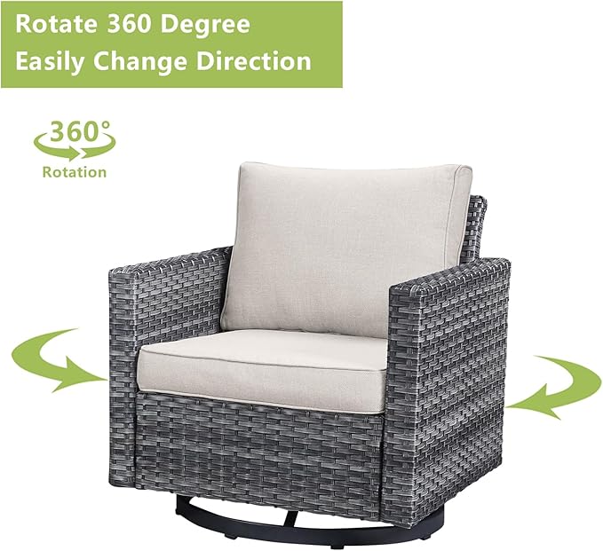 Wicker Outdoor Patio Furniture Set - 6 Piece Patio Conversation Set with 2 Swivel Rocker Chairs,2 Rattan Ottoman,1 Couch and 1 Metal Coffee Table for Outside Porch Deck Backyard(Mixed Grey/Beige)