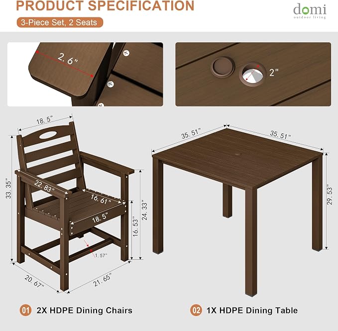Domi HDPE Outdoor Dining Set, All-Weather Outdoor Dining Table Set of 3 with 2" Umbrella Hole, Outdoor Patio Dining Set for Garden, Poolside, Backyard, Deck, Brown