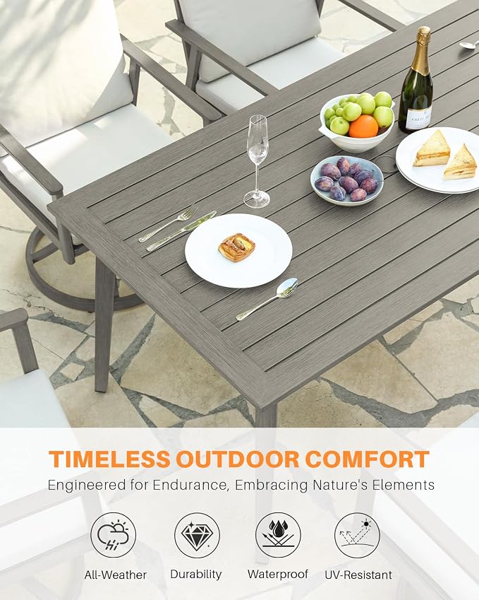 Never-Rust Outdoor Patio Dining Table for 6, Aluminum Outdoor Dining Table with Umbrella Hole, 6 Person Patio Dining Table Furniture for Decks, Garden, Porch, Lawn, Limed Oak