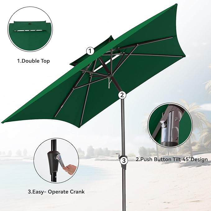 6.6 x 10 ft Rectangular Patio Umbrella, Outdoor Market Table Umbrella with Push Button Tilt and Crank, Double-Tier Vent, 6 Ribs, Rectangle Patio Umbrella for Backyard, Deck, Pool, Fits 4–6 Chairs and Tables (Dark Green)