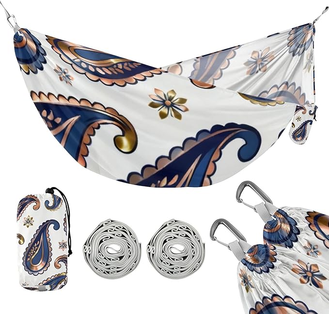 Blue Paisley Outdoor Hammocks with Tree Straps Fabric Hammock for Camping & Hiking Essential