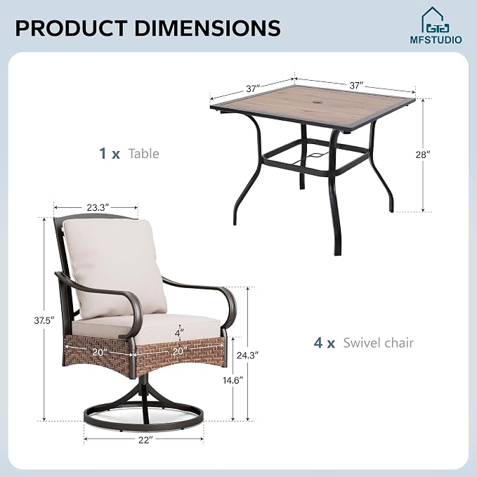 MFSTUDIO 5 Piece Patio Dining Set, Outdoor Table and Chairs for 4, Square Metal Dining Table Set with Swivel Chairs, 5 Pieces Outdoor Dining Furniture Set for 4, 1.57’’ Umbrella Hole