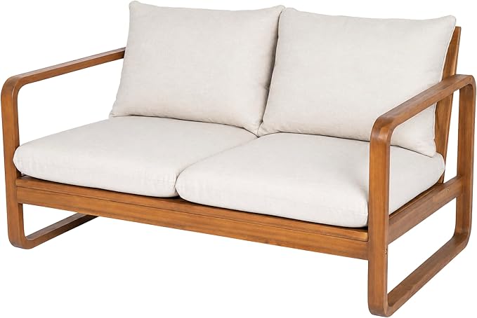 Christopher Knight Home Myra Acacia Wood Outdoor Loveseat and Coffee Table Set, 2 Piece Patio Furniture Set with Cushions, Patio Conversation Set with Slatted Design for Backyard, Teak + Beige