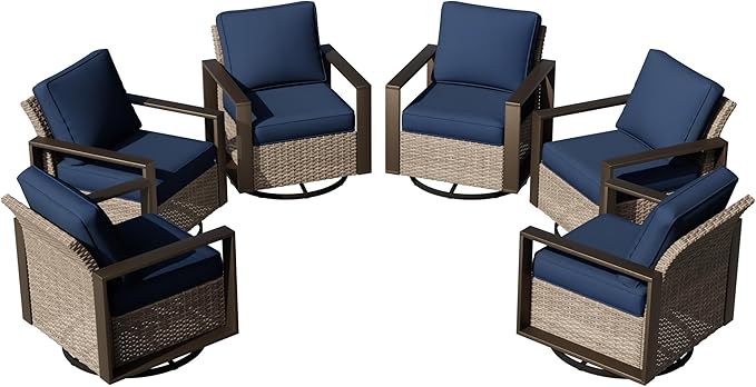 Joyside Outdoor Patio Swivel Rocker Chairs Set, 6 Pieces Wicker Rattan Chairs with Metal Wide Armrest, Thick Cushions and Deep Seating for Garden, Backyard, Porch, Deck