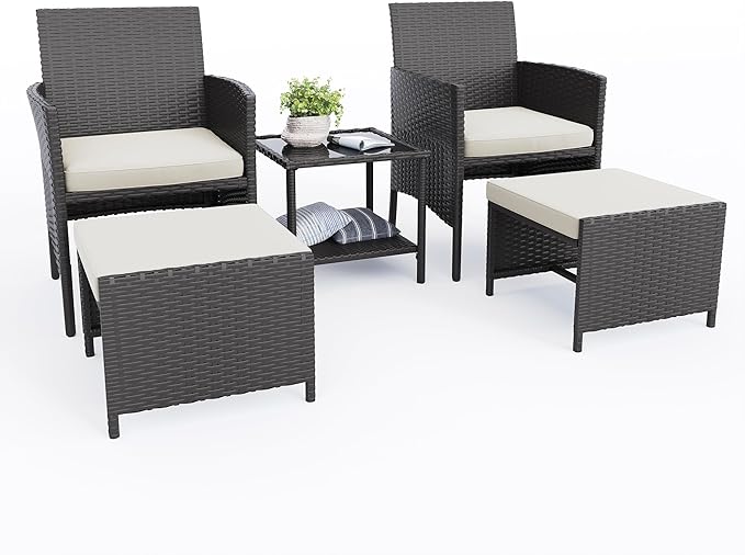 UDPATIO Outdoor Furniture Patio Chairs with Ottoman, Ideal for Balcony, Porch, 5 Piece Patio Furniture Set with Side Table for Deck, Apartment