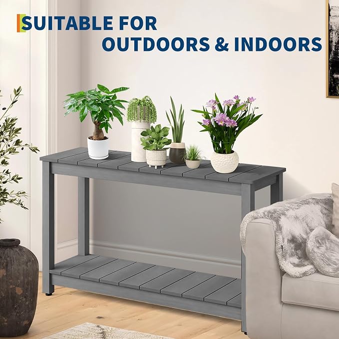 48 Inch 2-Shelf Console Table, Indoor Outdoor 2-Tier Patio Buffet Table with Adjustable Foot Pad, Wooden Bar Storage Organizer, Entryway Side Table for Patio, Porch, Backyard, Garden, Balcony