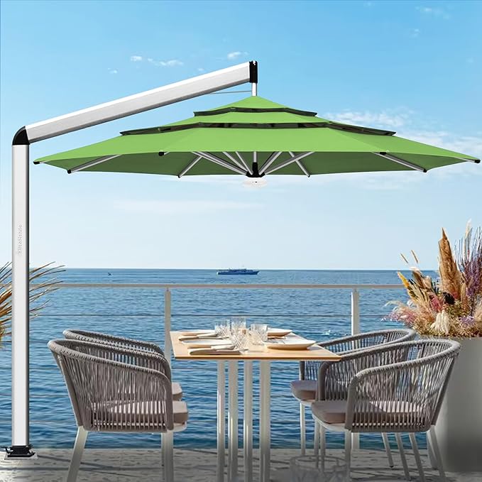 EliteShade USA Atlas 3-Tier 11FT Full Aluminum Cantilever Patio Umbrella for Outdoor Restaurant Garden Courtyard Deck Pool and Marketing with Light (No battery), Macaw Green