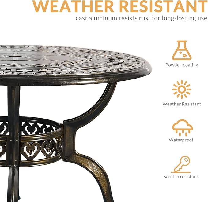 Outdoor Cast Aluminum Patio Table, 38.5” Round Patio Dinning Table with 2” Umbrella Hole for Patio Furniture Garden Deck Backyard