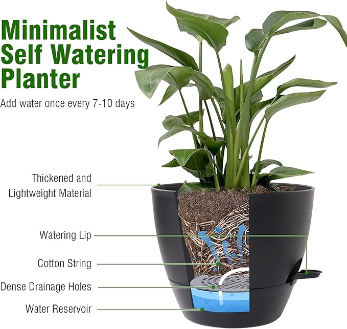 WSMKSZ 12/10/9 inch Large Self Watering Pots, Planter, Plant Pots with Mesh Drainage Holes for Indoor Outdoor Garden Plants, Plastic Flower Pots with Removable Deep Reservoir, Black