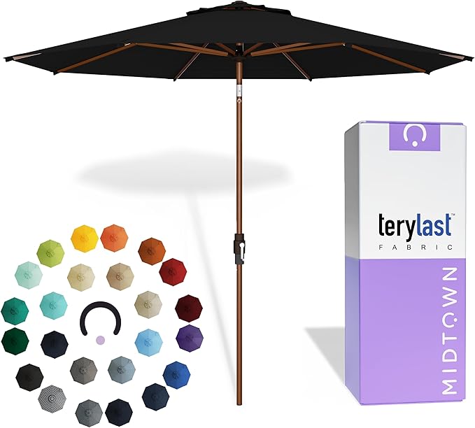 Midtown Umbrellas Wooden 2-8 Ft Patio Umbrella with 360° Swivel & Tilt Mechanism, 8 Fiberglass Ribs & Terylast Polyester Fabric for Deck, Pool, Garden & Porch - Ebony Canopy, Wooden Pole