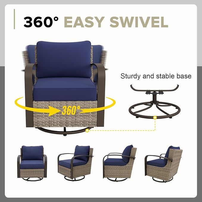 COOS BAY Aurora Terrace 7 Piece Outdoor Sectional Furniture Set, Half Moon Rattan Wicker Conversation Set with Swivel Chairs, 5 Seat Sofa, Coffee & Side Table for Patio Garden Yard, Beige/Blue