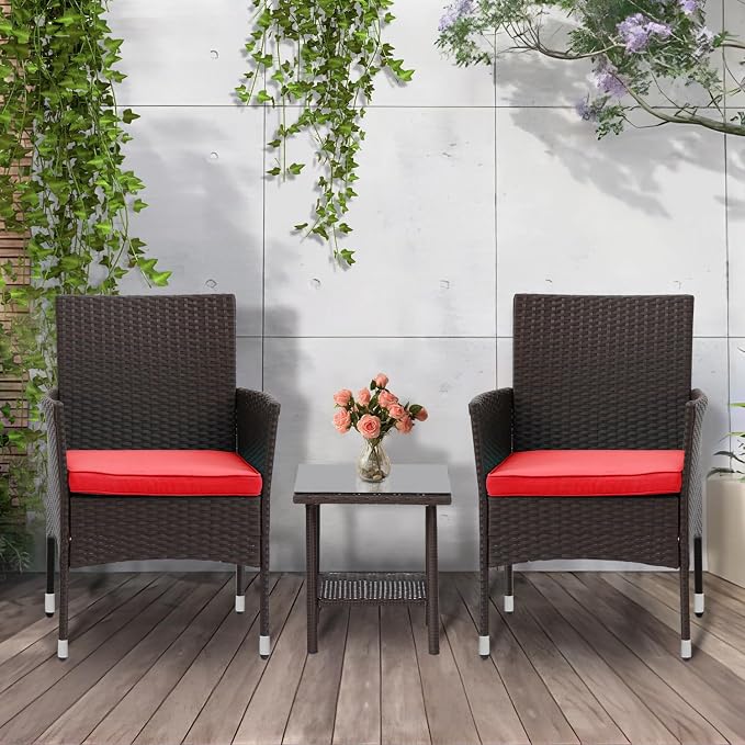 PayLessHere Set of 3 Outdoor Furniture Set Patio Furniture Set Brown Conversation Set with 2 Rattan Chairs Glass Coffee Table for Coffee Bar Poolside Patio Outdoor, Red Cushions