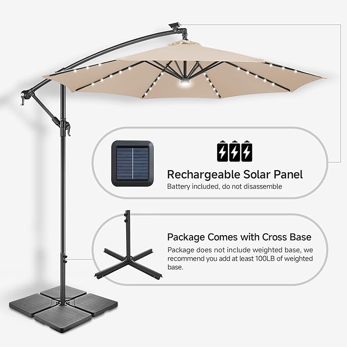 Solar Offset Patio Umbrella - 10 FT Solar Cantilever Umbrella Outdoor with 40 LED Lights and Cross Base, UV Protection for Garden, Deck, Backyard, Pool, Porch, Beige