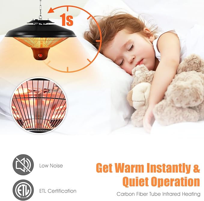 COSTWAY Hanging Patio Heater, 1500W Electric Ceiling Infrared Heater with Remote Control, 3 Heat Settings, Indoor Outdoor Heater for Large Room, Backyard, Balcony (Black)