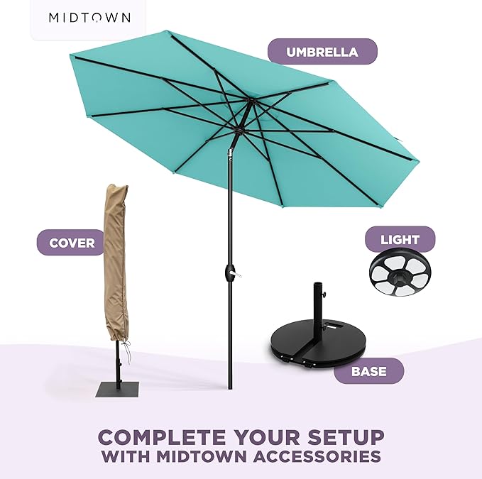 Midtown Umbrellas - The Lean 9 Ft Patio Umbrella with Fade-Resistant Sunbrella Fabric, Auto-Tilt Aluminum Frame and 8 Reinforced Ribs for Deck, Pool & Garden - Aruba Canopy, Black Pole