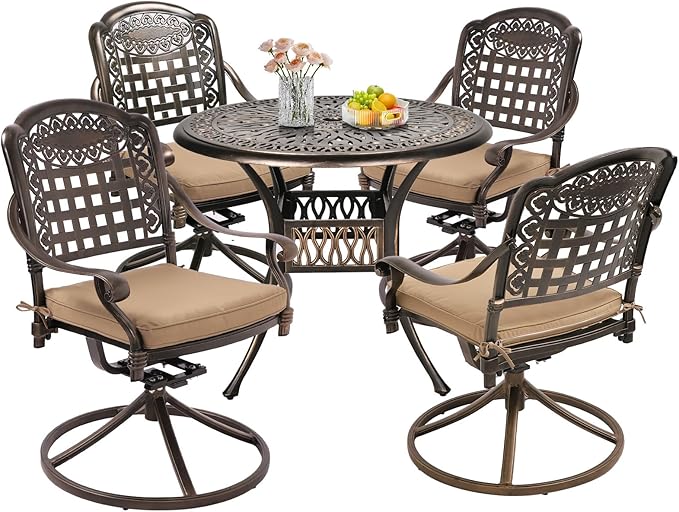 Grepatio 5 Piece Outdoor Dining Set Cast Aluminum Patio Table and Chairs Outside Furniture 4 Mesh Swivel Chairs with Khaki Cushion and 1 Umbrella Hole Round Dining Table for Lawn Garden (Grid Khaki)