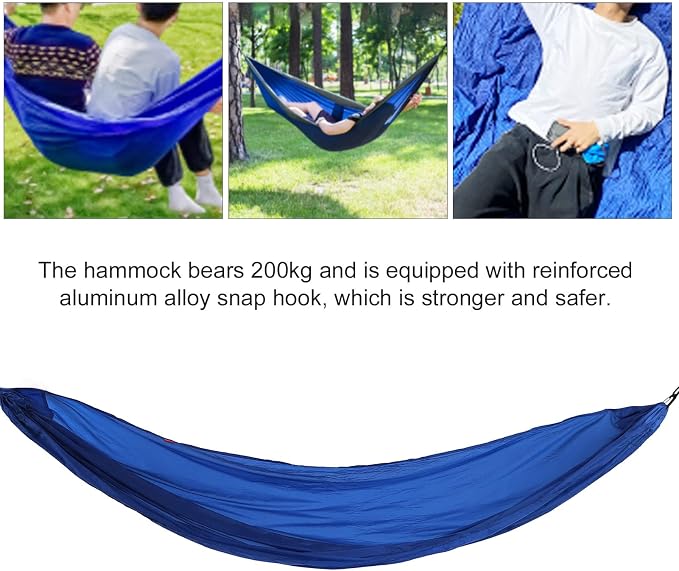 Portable Parachute Camping Hammock, Lightweight Outdoor Hammock with Aluminum Snap Hooks and Storage Bag, Compact Foldable Hammock for Hiking Travel Picnics (Blue)