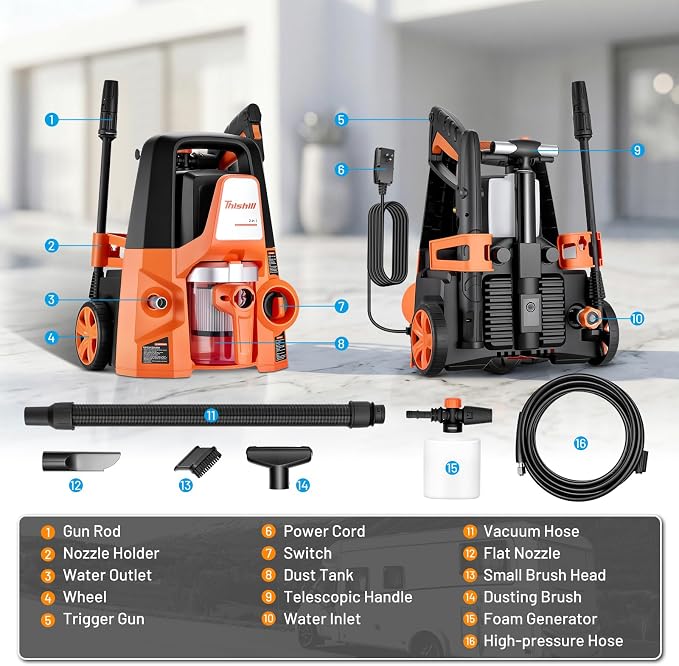 This Hill 4-in-1 Pressure Washer and Wet/Dry Vacuum, 2800 PSI Max 1.7 GPM Electric Power Washer, 1400W Multi-Function Cleaner with Blower and Foam Cannon for Cars, Patio, Garage and Home Cleaning