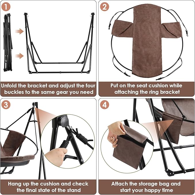 Arlopu 3 in 1 Portable Hammock with Steel Stand,Foldable PU Leather Swing Chair,6-Level Standing Hammocks Included Carrying Bag,Side Pocket,Pillow,for Outside,Indoor,Yard,Garden,Patio,Camping(Brown)