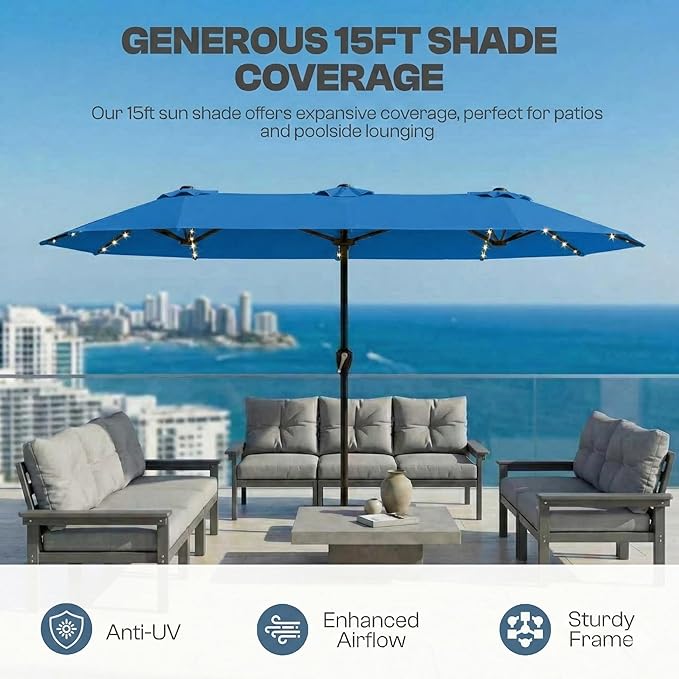 15FT Patio Umbrella with Solar Lights, Double-Sided Extra Large Outdoor Table Umbrella with Base Included, Heavy-Duty 12 Iron Ribs Market Umbrella for Garden, Pool, Backyard, Royal Blue