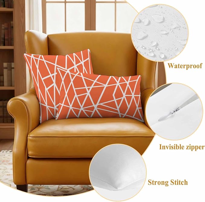 Outdoor Pillow Covers Waterproof, Orange Geometric Decorative Rectangle Throw Pillowcases Patio Cushion Covers for Tent/Garden, 20" x 12" 2 Pack, Abstract Stripes Modern Simple