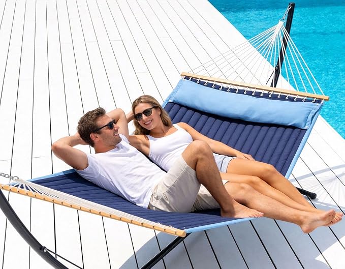 Lazy Daze Hammocks 2 Person Double Quilted Hammock with Spreader Bar, Detachable Pillow & Side Pocket, 450lbs Capacity for Patio Yard Garden Outdoor, Blue