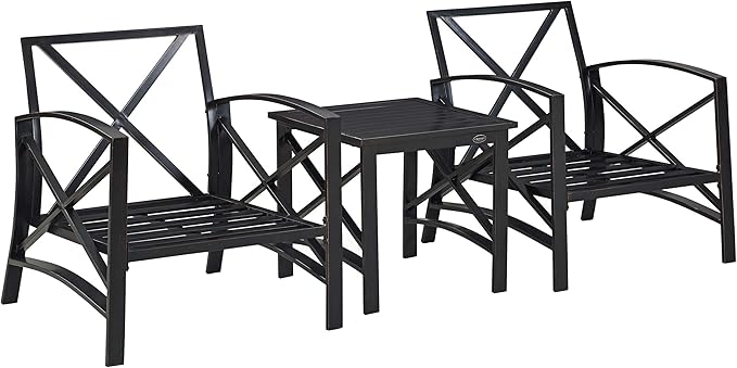 Crosley Furniture Kaplan 3-Piece Outdoor Chair and Side Table Set, Patio Conversation Sets for Porch, Deck, Oiled Bronze with Mist Cushions