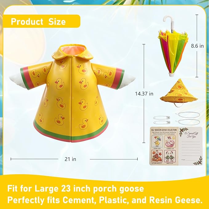Porch Goose Raincoat Outfit 3Pc Set for 23 Inch Large Lawn Goose Statue - Yellow Waterproof Goose Clothes with Umbrella Hat -All Weather Outdoor Garden Patio Yard Front Porch Decor Goose Costume