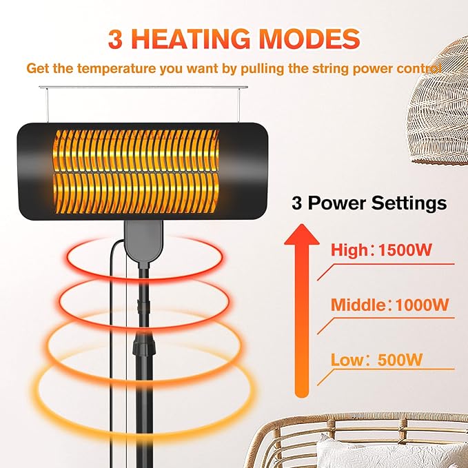 Outdoor Heaters for Patio, 1500W, 3 Heat Modes & 12H Timer, IP54 Waterproof Electric Heater with Adjustable Height, Tip-Over Protection, 78" Portable Infrared Heater for Indoor Outdoor use, Onyx