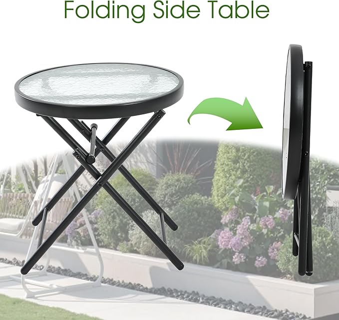 HOMEFUN Outdoor Side Tables - Folding Patio End Table with Tempered Glass Tabletop, Portable Bistro Coffee for Porch Yard, Balcony, Garden, Deck, Poolside, Transparent Glass