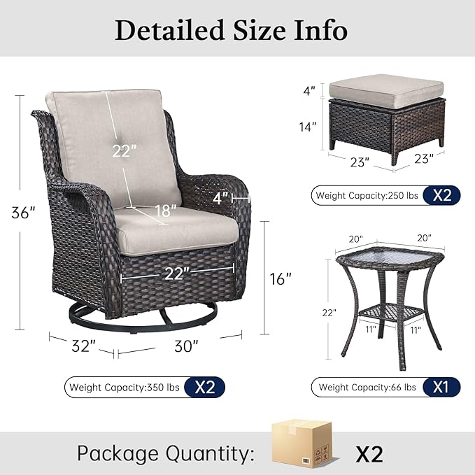 Outdoor Patio Furniture Set-5 Piece Outdoor Swivel Rocker Chairs with Ottomans Patio Furniture Set for Deck Balcony Poolside Backyard-Brown/Beige