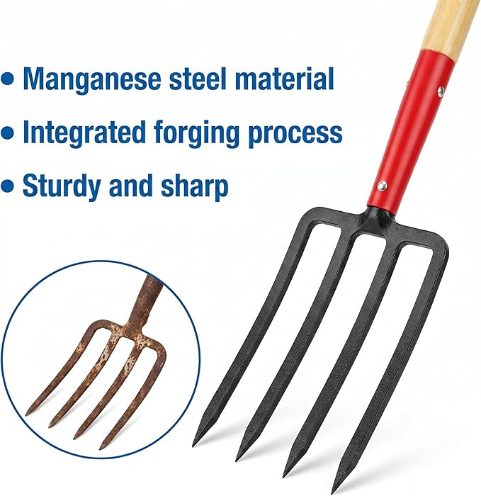 HIGHLIGHT Heavy Duty Pitchfork, 45.7" Garden Fork with 6cm Wide Tine Spacing, 4-Tine Spading & Digging Fork for Clay Soil, Composting & Mulching, Comfortable Ash-Grade Hardwood Handle, Steel D-Grip