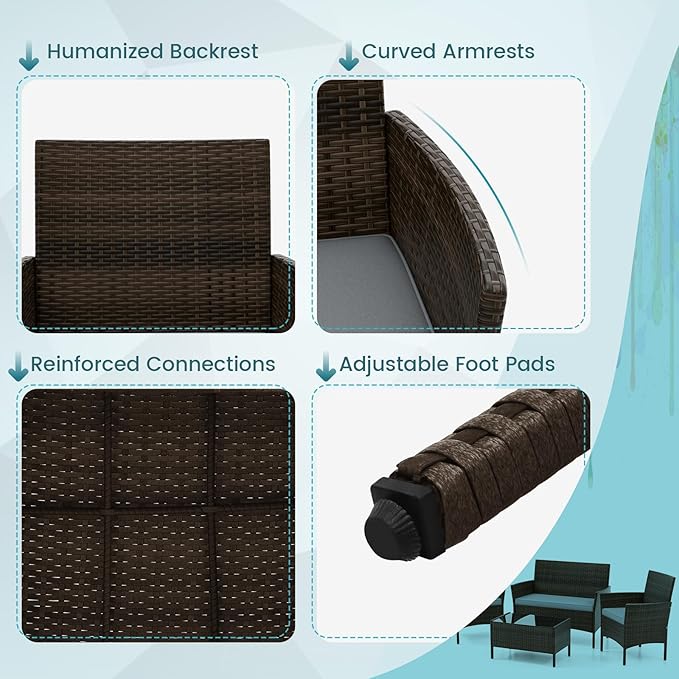 DORTALA 4-Piece Rattan Patio Furniture Set, Outdoor Table & Chair Set with Tempered Glass Coffee Table, Cushion, Wicker Conversation Set for Garden, Lawn, Poolside and Backyard, Gray