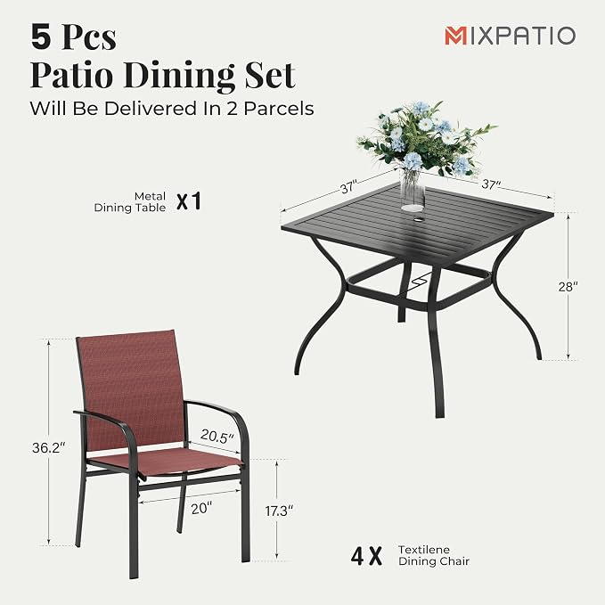 MIXPATIO 5 Pieces Patio Table and Chairs Set, 4 Person Outdoor Dining Furniture Set, 4 Red Textilene Chairs and 37" Square Metal Table with Umbrella Hole, for Deck Backyard Lawn