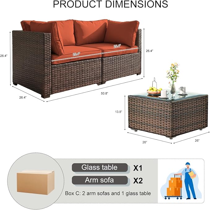 3 Pieces Patio Furniture Set with Glass Table, Outdoor PE Rattan Sectional Sofa with Soft Cushions for Backyard, Porch, and Poolside (Red, 3 PCS w/Table)