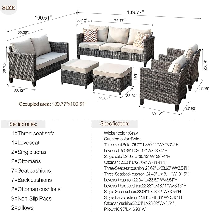 HOOOWOOO 6-Piece Luxury Patio Furniture Set–Comfortable Outdoor Rattan Sofa Set with Loveseat, 2 Chairs, 2 Ottoamns, Weather-Resistant Patio Conversation Set for Deck, Garden, Balcony (Beige)