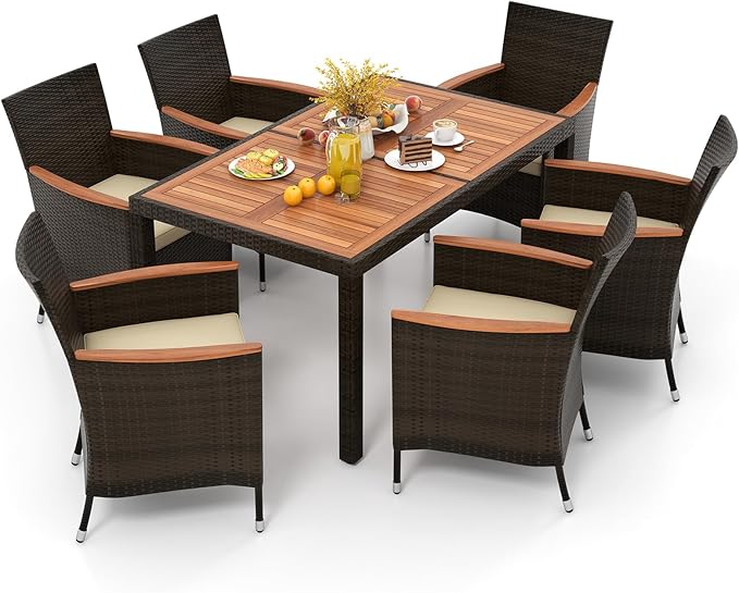 KOTEK 7 Piece Outdoor Dining Set, Wicker Patio Dining Set for 6 with Stackable Chairs & Acacia Wood Table, 1.96'' Umbrella Hole, Patio Table and Chairs Set for Backyard, Deck, Garden (Mix Brown)