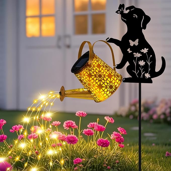 ZFNN Solar Garden Decor Lights, Outdoor Waterproof Solar Watering Can with Cascading Lights, Metal Dog Silhouette Stake Yard Art for Outside Lawn Patio, Unique Gardening Gifts for Women Mom
